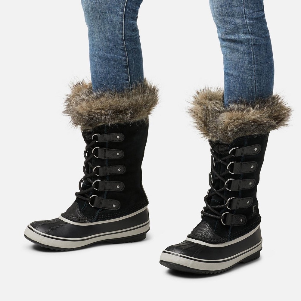 SOREL JOAN OF ARTIC Black Faux Fur-Trim Winter Lace-Up WATERPROOF Boots WM 7.5”